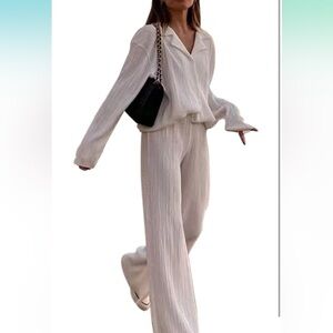 Pleated Long Sleeve Oversized Button Down Shirt Wide Leg Pants loungewear set